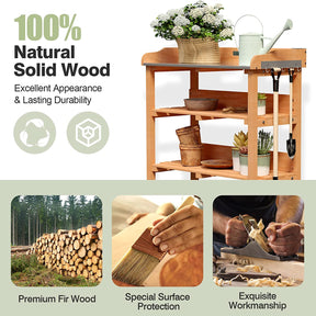 Outdoor Garden Potting Bench Wooden Work Station Table Tool Storage Shelf with Hook and Metal Tabletop