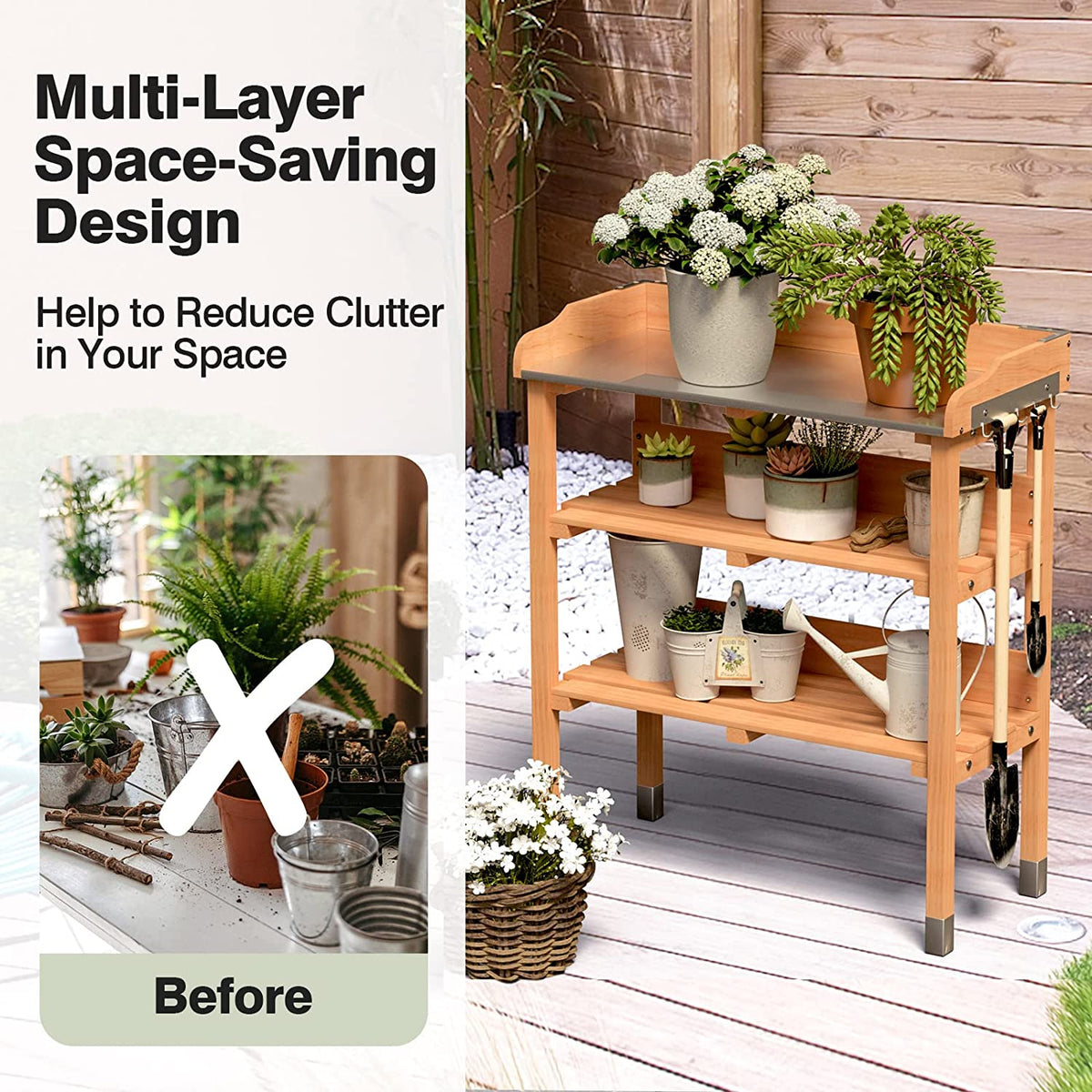 Outdoor Garden Potting Bench Wooden Work Station Table Tool Storage Shelf with Hook and Metal Tabletop