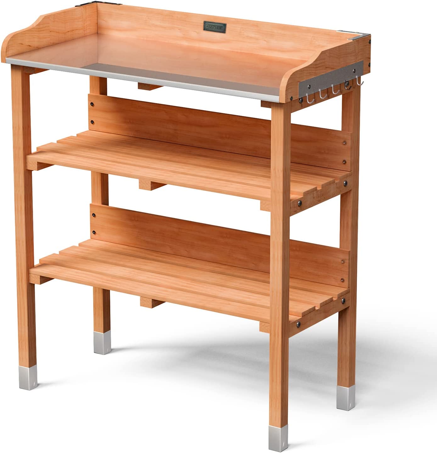 Outdoor Garden Potting Bench Wooden Work Station Table Tool Storage Shelf with Hook and Metal Tabletop