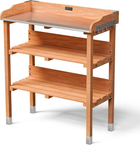 Outdoor Garden Potting Bench Wooden Work Station Table Tool Storage Shelf with Hook and Metal Tabletop
