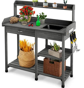 Outdoor Patio Potting Bench Table Garden Wooden Work Station Storage Shelf with Cabinet Drawer