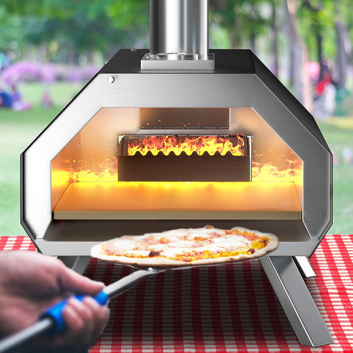 Outdoor Pizza Oven Stainless Steel Wood Fired Pizza Grill Maker with Foldable Legs and Removable Chimney