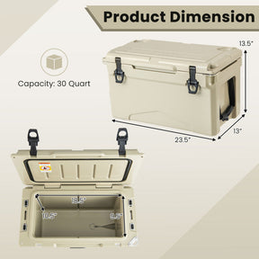 30 Quart Outdoor Portable Hard Cooler Heavy-Duty Rotomolded Ice Chest Box with Integrated Cup Holders and Bottle Opener for Camping BBQ