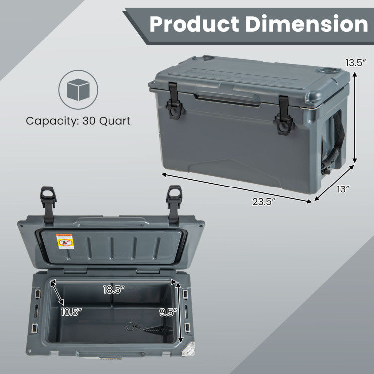 30 Quart Outdoor Portable Hard Cooler Heavy-Duty Rotomolded Ice Chest Box with Integrated Cup Holders and Bottle Opener for Camping BBQ
