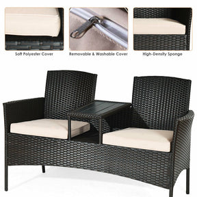 Rattan Outdoor Loveseat Bistro Set with Built-in Coffee Table & Cushions, Wicker Patio Conversation Set