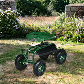 Outdoor Rolling Garden Cart 360 Swivel Gardening Workseat with Adjustable Height and Removable Mesh Basket