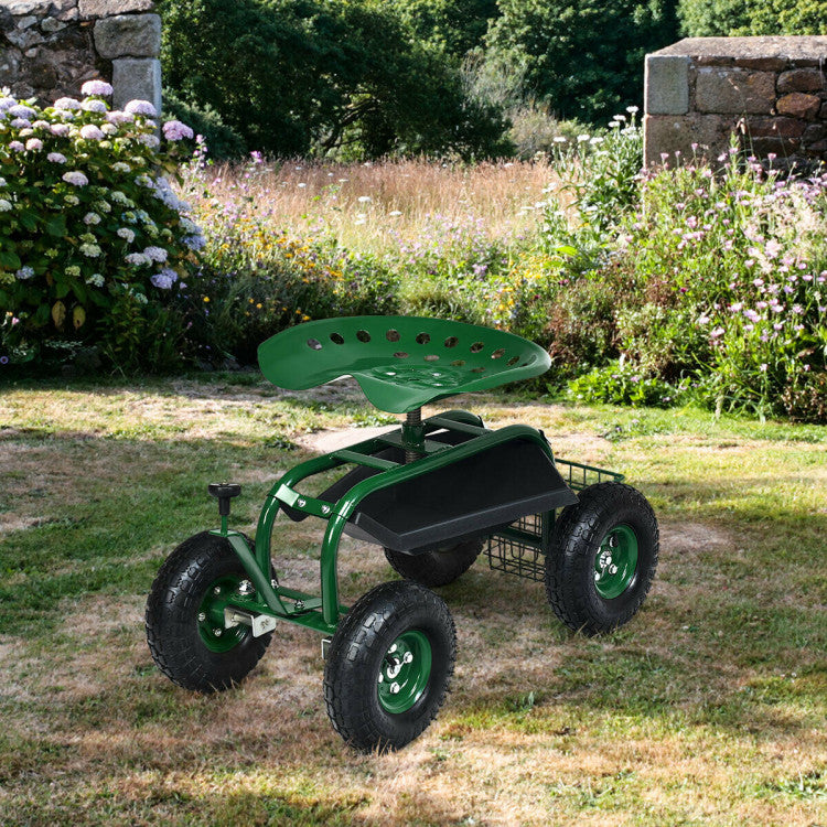 Outdoor Rolling Garden Cart 360 Swivel Gardening Workseat with Adjustable Height and Removable Mesh Basket