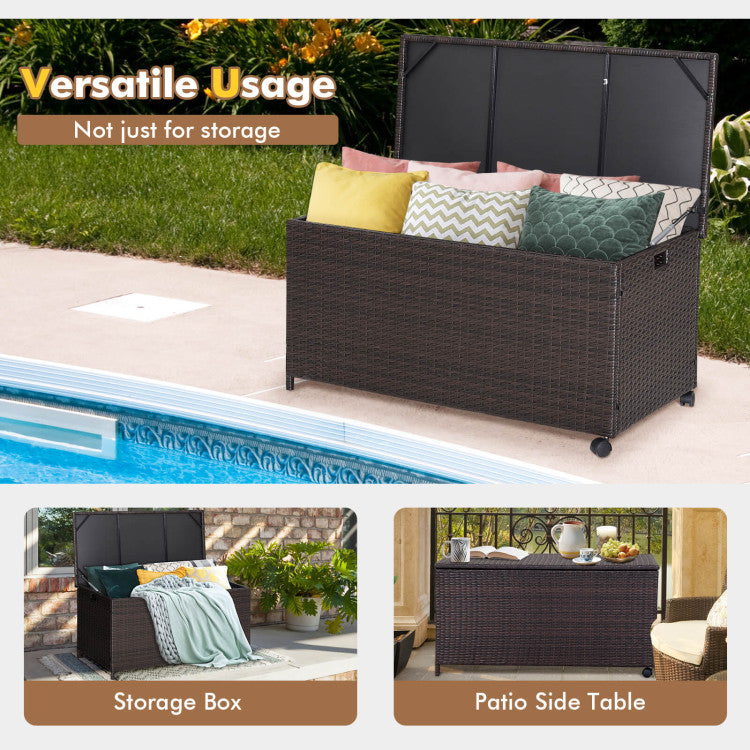 Outdoor Wicker Storage Box with Zippered Liner and Wheels for Patio