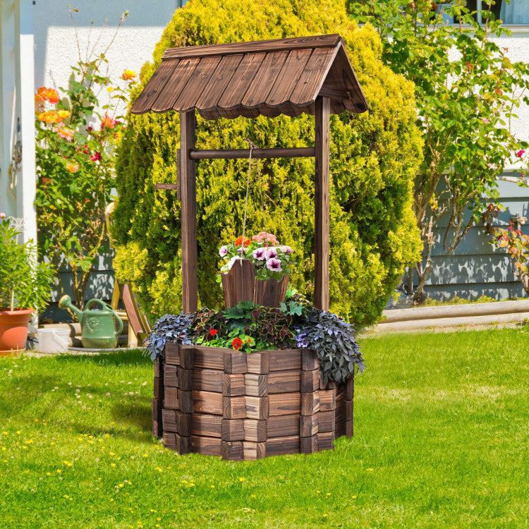 Outdoor Wooden Wishing Well Planter Bucket for Backyard and Garden