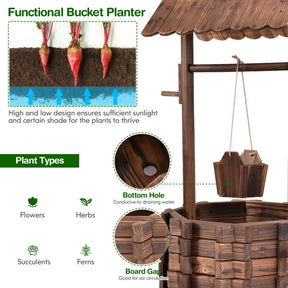 Outdoor Wooden Wishing Well Planter Bucket for Backyard and Garden