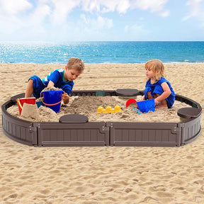 6FT Oval Outdoor Sandbox with Cover, Built-in Corner Seat & Bottom Liner, All Weather Kids Sand Play Station for Backyard Beach
