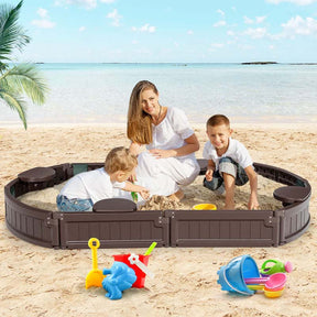 6FT Oval Outdoor Sandbox with Cover, Built-in Corner Seat & Bottom Liner, All Weather Kids Sand Play Station for Backyard Beach