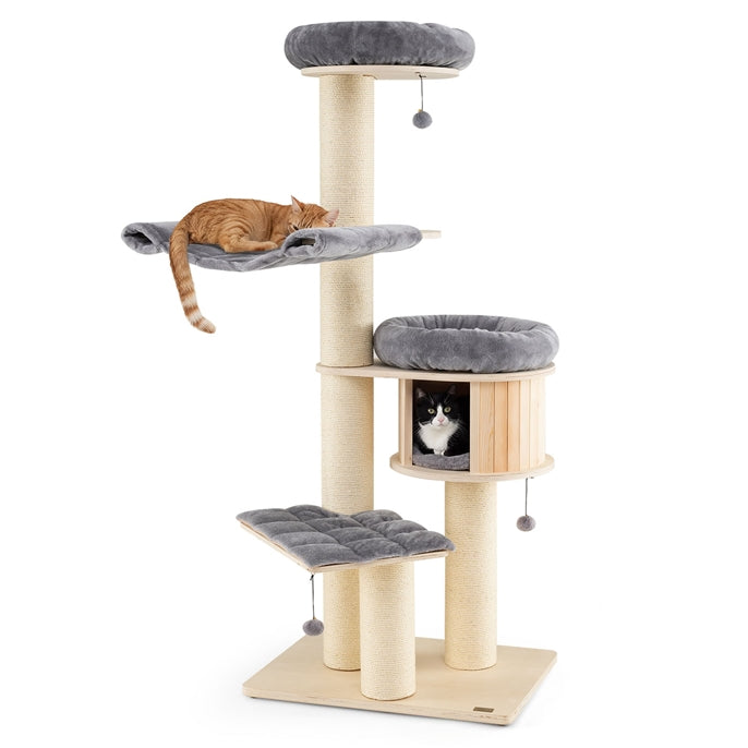 Hikidspace 68.5 Inch Modern Wood Cat Tree 4-Layer Wooden Cat House Cat Condo Activity Tower with Dangling Balls and Sisal Posts