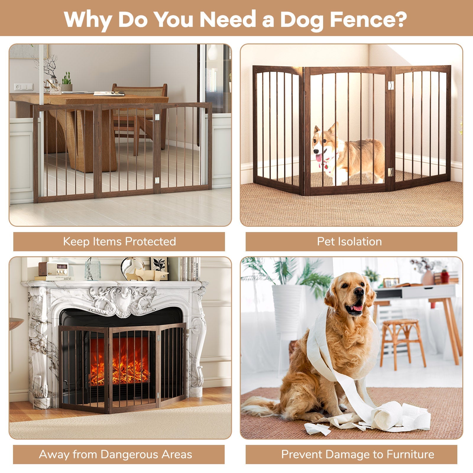 3-Panel Dog Gate 76cm Wooden Pet Fence