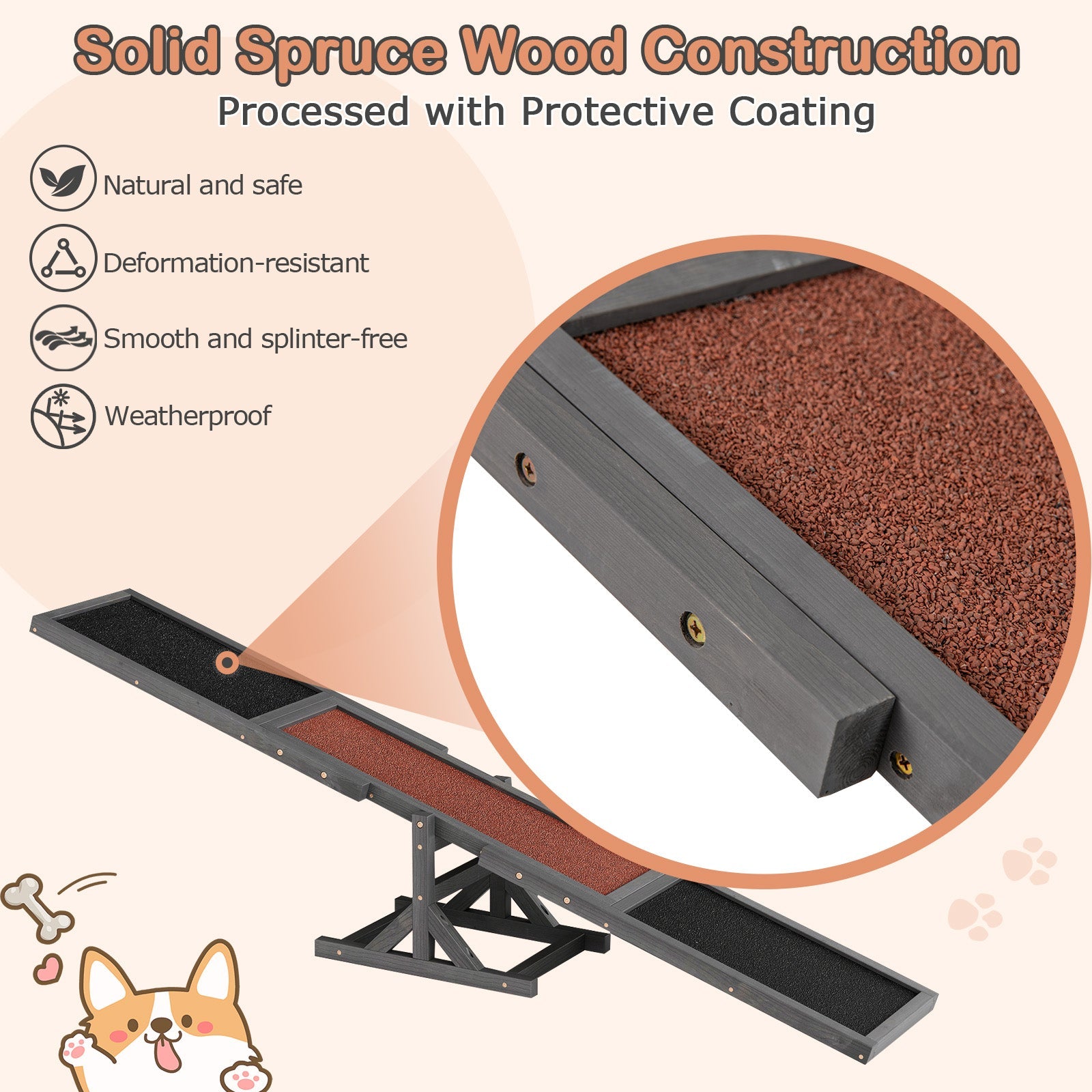 180 cm Wooden Dog Agility Seesaw, Dog Exercise & Play Set, 70kg Capacity