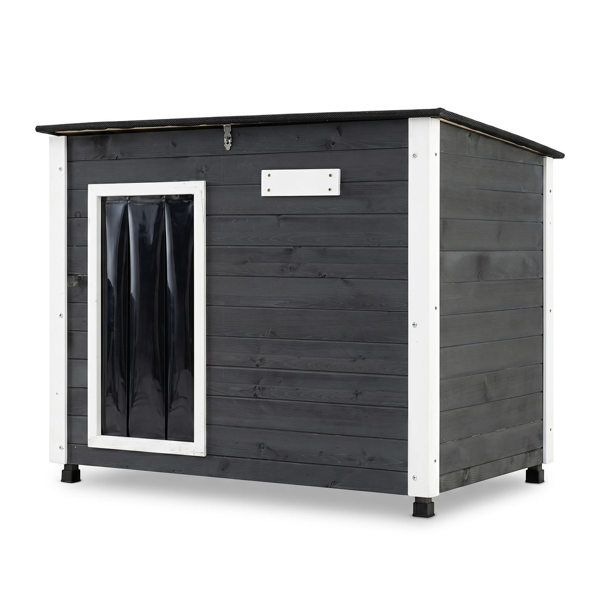 Wooden Dog House Outdoor, Large Dog Kennel Weatherproof with Natural Spruce Wood Frame, Removable Floor, Openable Asphalt Roof, PVC Curtain, Outside Pet Shelter for Medium to Large Dogs, Grey