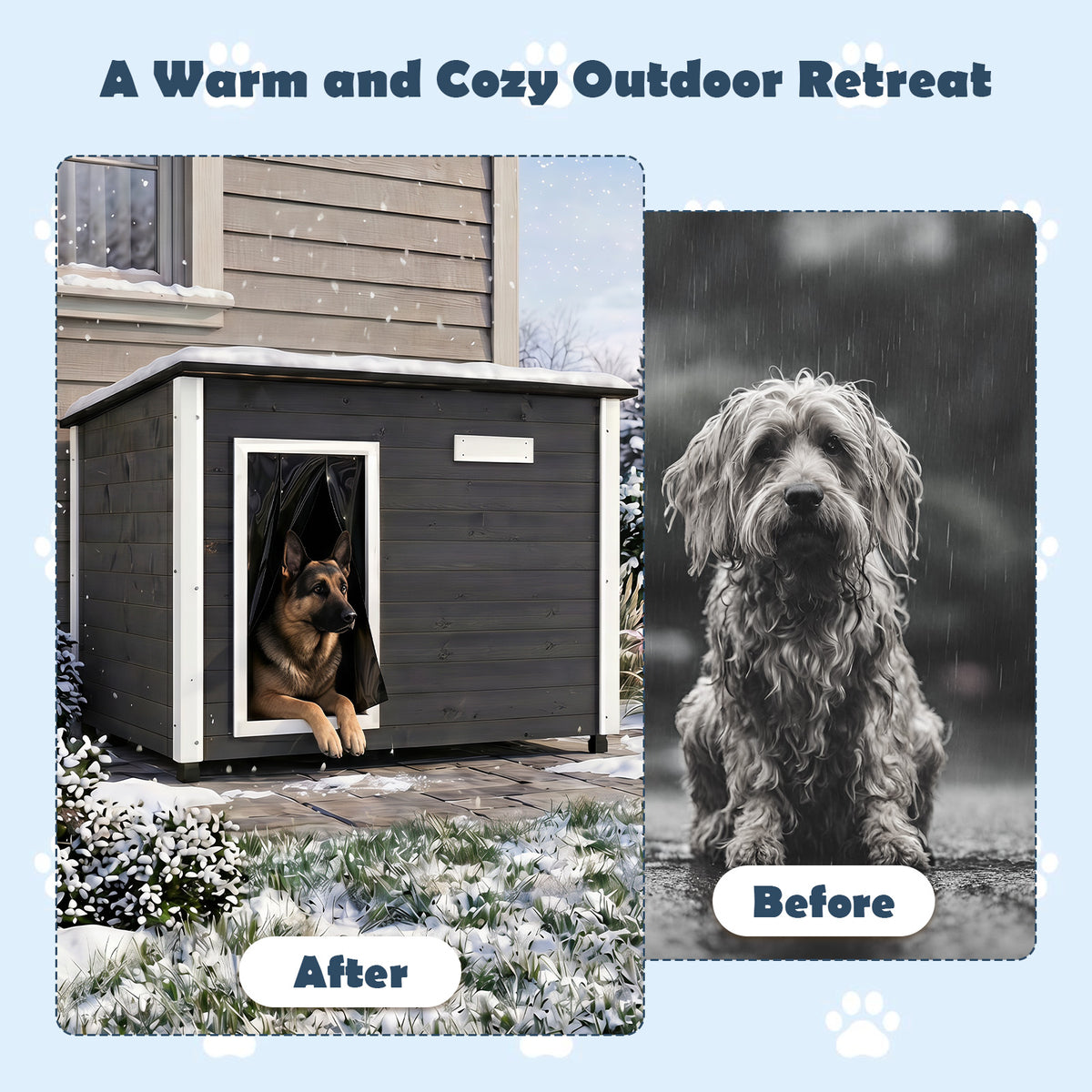Wooden Dog House Outdoor, Large Dog Kennel Weatherproof with Natural Spruce Wood Frame, Removable Floor, Openable Asphalt Roof, PVC Curtain, Outside Pet Shelter for Medium to Large Dogs, Grey