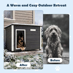 Wooden Dog House Outdoor, Large Dog Kennel Weatherproof with Natural Spruce Wood Frame, Removable Floor, Openable Asphalt Roof, PVC Curtain, Outside Pet Shelter for Medium to Large Dogs, Grey