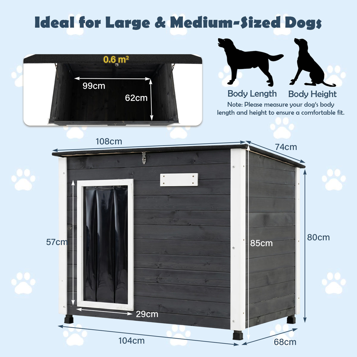 Wooden Dog House Outdoor, Large Dog Kennel Weatherproof with Natural Spruce Wood Frame, Removable Floor, Openable Asphalt Roof, PVC Curtain, Outside Pet Shelter for Medium to Large Dogs, Grey