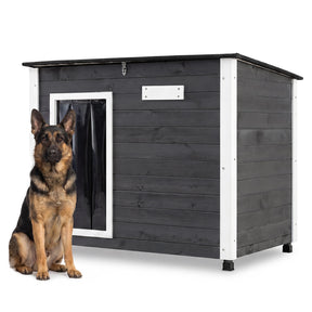 Wooden Dog House Outdoor, Large Dog Kennel Weatherproof with Natural Spruce Wood Frame, Removable Floor, Openable Asphalt Roof, PVC Curtain, Outside Pet Shelter for Medium to Large Dogs, Grey