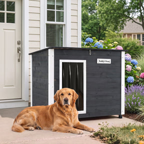 Wooden Dog House Outdoor, Large Dog Kennel Weatherproof with Natural Spruce Wood Frame, Removable Floor, Openable Asphalt Roof, PVC Curtain, Outside Pet Shelter for Medium to Large Dogs, Grey