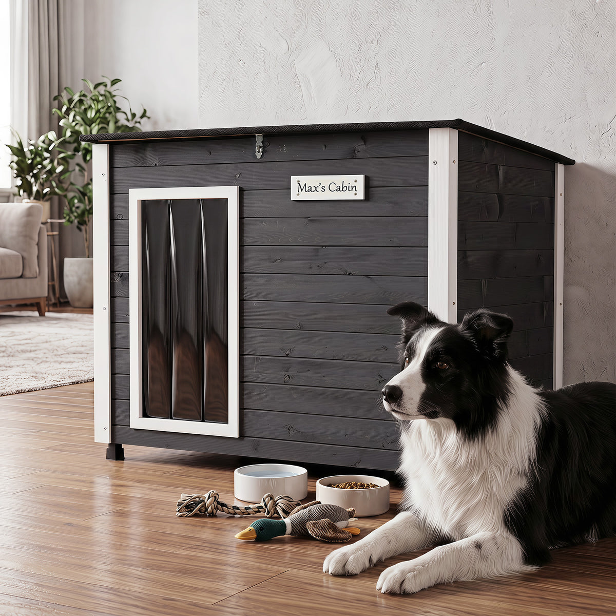 Wooden Dog House Outdoor, Large Dog Kennel Weatherproof with Natural Spruce Wood Frame, Removable Floor, Openable Asphalt Roof, PVC Curtain, Outside Pet Shelter for Medium to Large Dogs, Grey