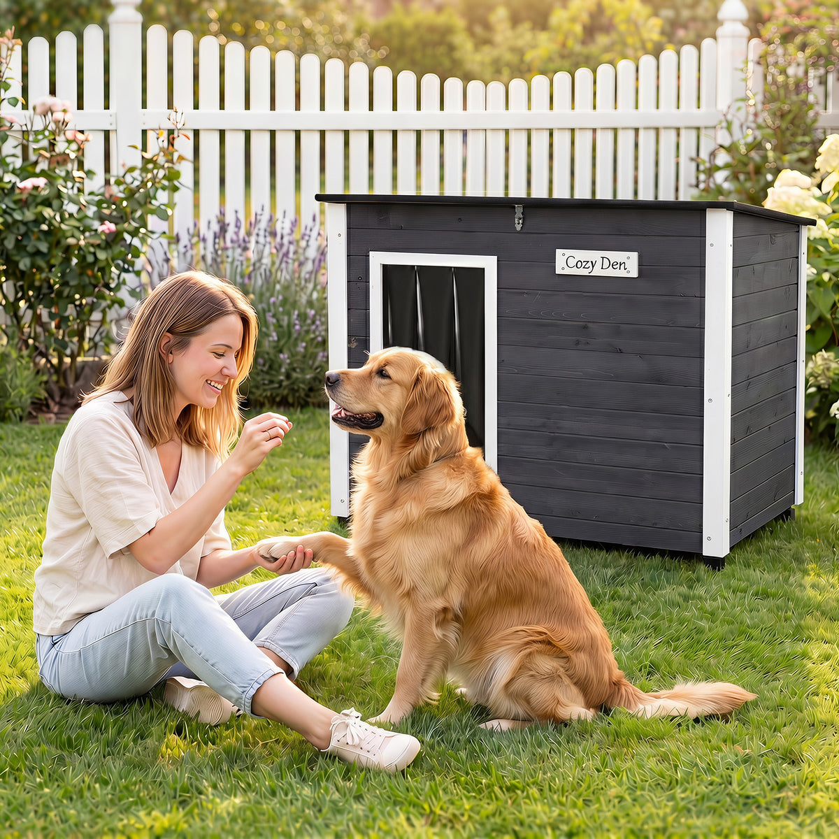 Wooden Dog House Outdoor, Large Dog Kennel Weatherproof with Natural Spruce Wood Frame, Removable Floor, Openable Asphalt Roof, PVC Curtain, Outside Pet Shelter for Medium to Large Dogs, Grey