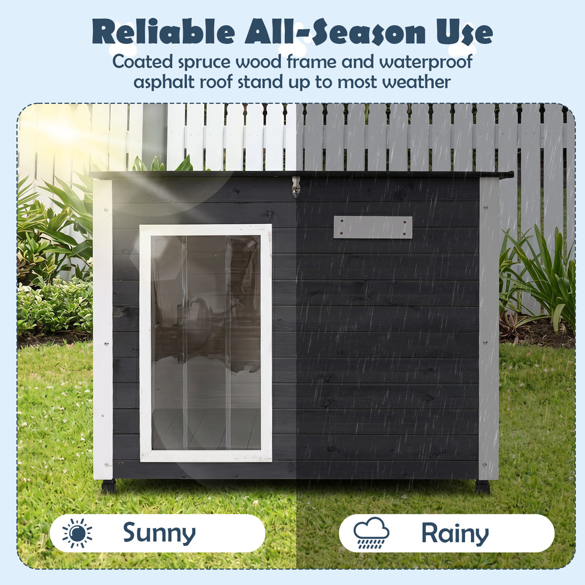 Wooden Dog House Outdoor, Large Dog Kennel Weatherproof with Natural Spruce Wood Frame, Removable Floor, Openable Asphalt Roof, PVC Curtain, Outside Pet Shelter for Medium to Large Dogs, Grey