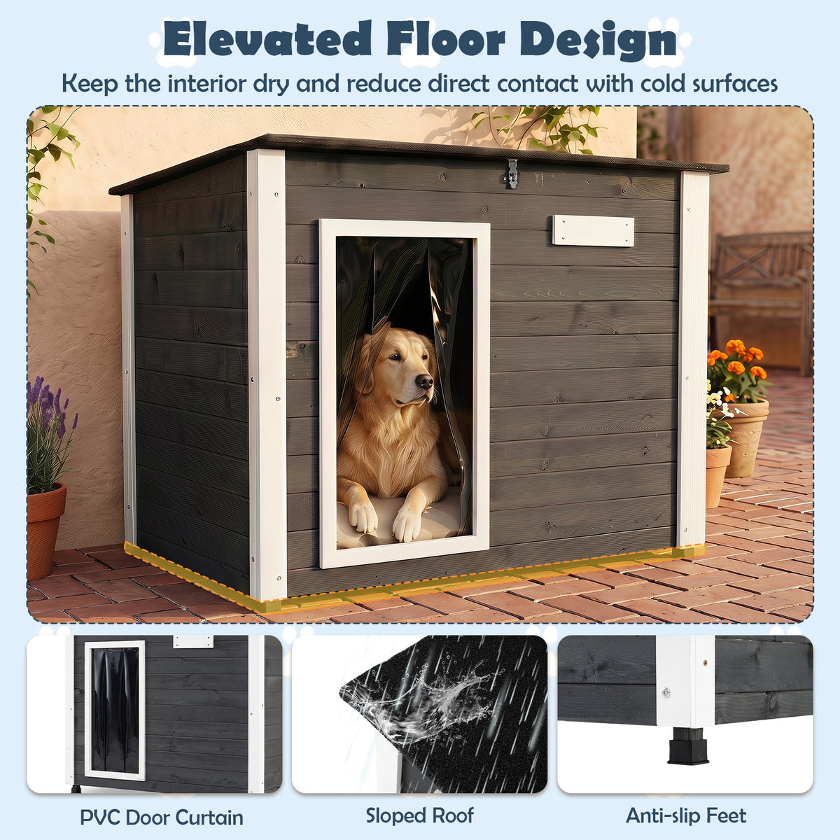 Wooden Dog House Outdoor, Large Dog Kennel Weatherproof with Natural Spruce Wood Frame, Removable Floor, Openable Asphalt Roof, PVC Curtain, Outside Pet Shelter for Medium to Large Dogs, Grey