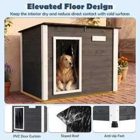 Wooden Dog House Outdoor, Large Dog Kennel Weatherproof with Natural Spruce Wood Frame, Removable Floor, Openable Asphalt Roof, PVC Curtain, Outside Pet Shelter for Medium to Large Dogs, Grey