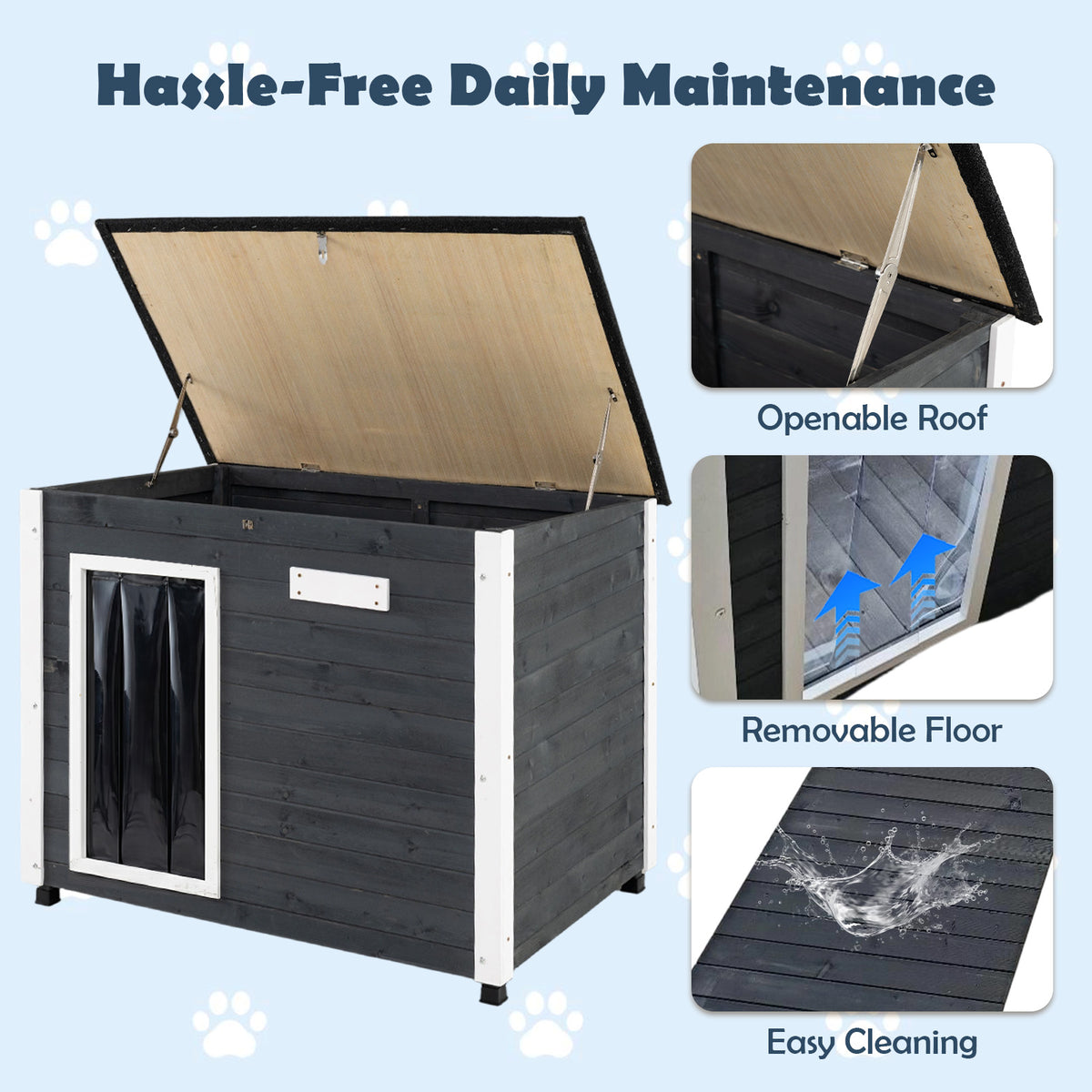 Wooden Dog House Outdoor, Large Dog Kennel Weatherproof with Natural Spruce Wood Frame, Removable Floor, Openable Asphalt Roof, PVC Curtain, Outside Pet Shelter for Medium to Large Dogs, Grey