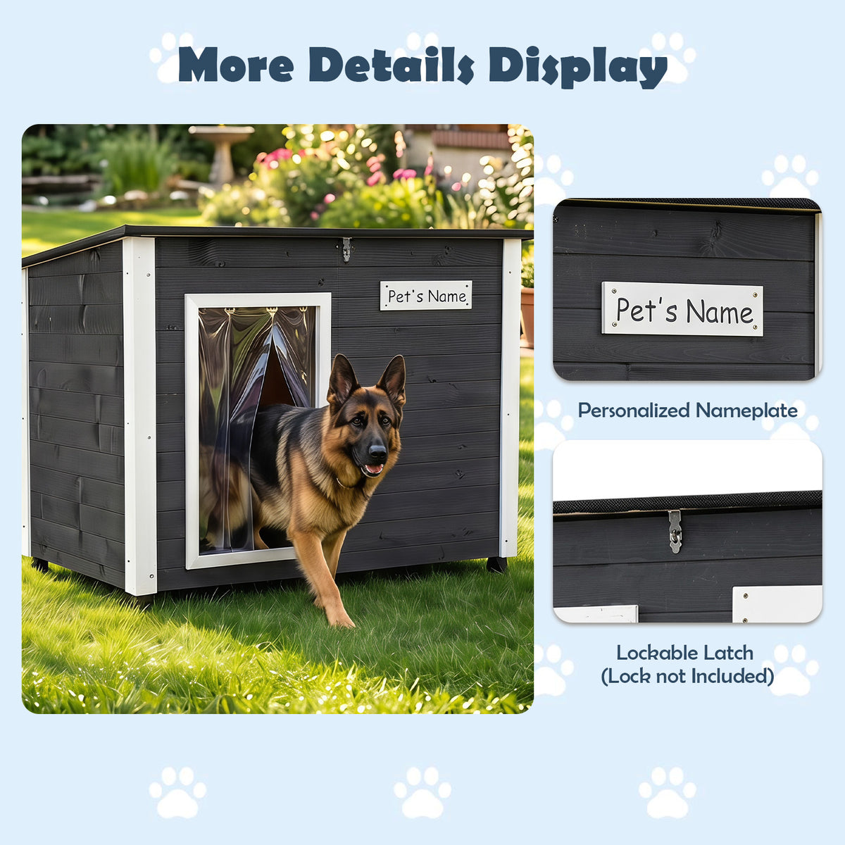 Wooden Dog House Outdoor, Large Dog Kennel Weatherproof with Natural Spruce Wood Frame, Removable Floor, Openable Asphalt Roof, PVC Curtain, Outside Pet Shelter for Medium to Large Dogs, Grey
