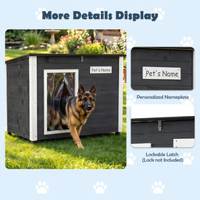 Wooden Dog House Outdoor, Large Dog Kennel Weatherproof with Natural Spruce Wood Frame, Removable Floor, Openable Asphalt Roof, PVC Curtain, Outside Pet Shelter for Medium to Large Dogs, Grey