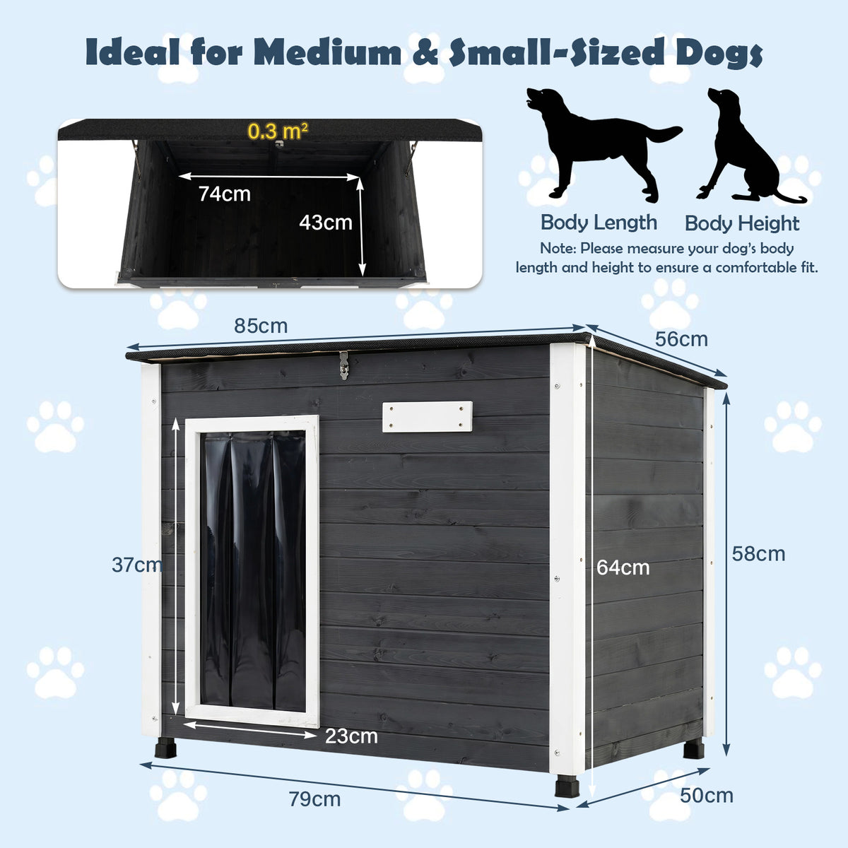 Wooden Dog House Outdoor, Large Dog Kennel Weatherproof with Natural Spruce Wood Frame, Removable Floor, Openable Asphalt Roof, PVC Curtain, Outside Pet Shelter for Medium to Large Dogs, Grey