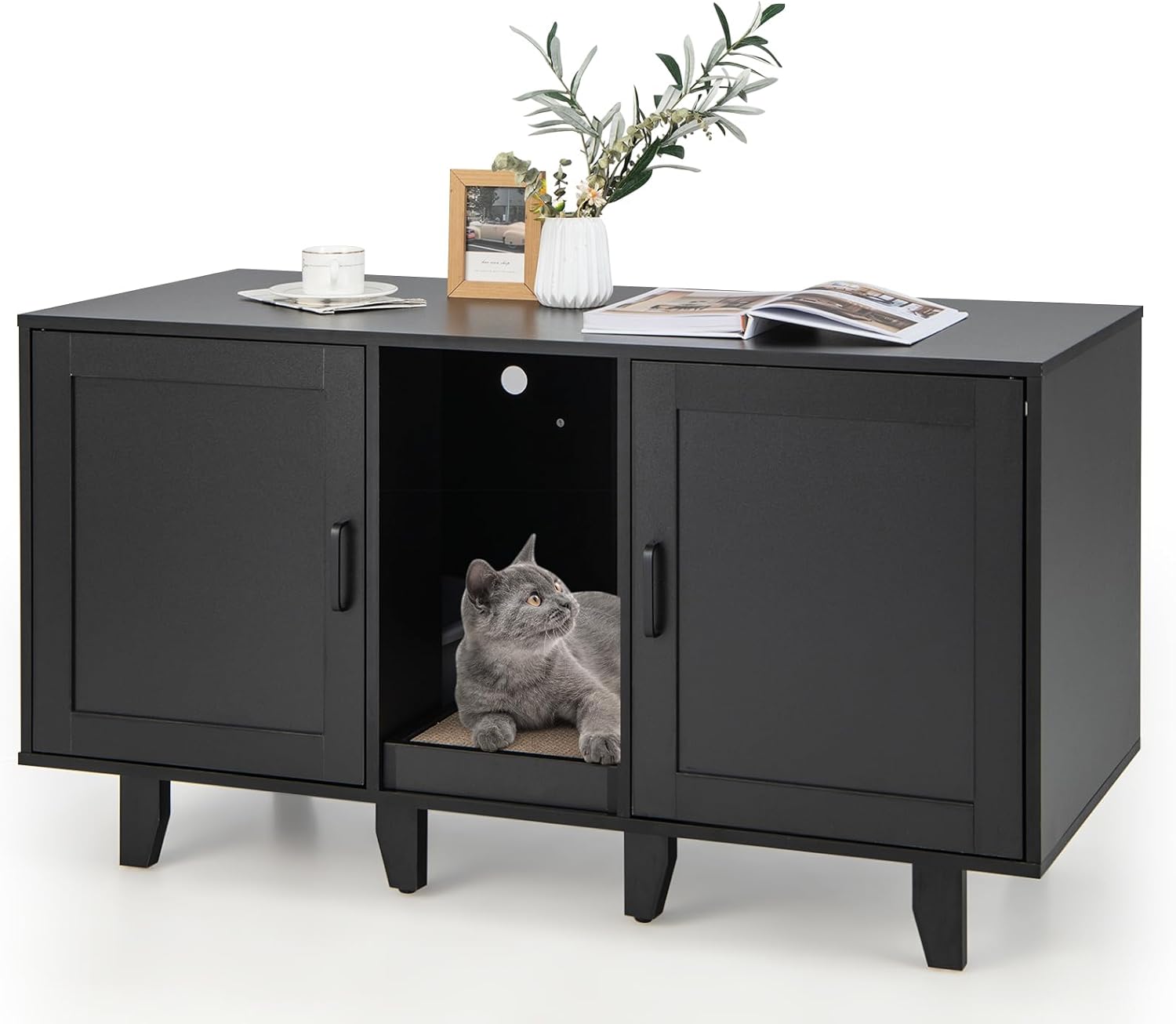 Cat Litter Box Enclosure Bench, Hidden Cat Box Washroom w/Doors