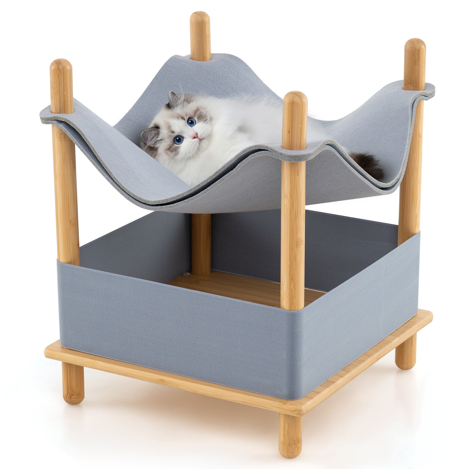 2-Tier Wooden Cat House, Modern Cat Tree w/ Semi-enclosed Condo