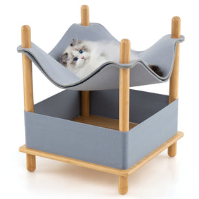 2-Tier Wooden Cat House, Modern Cat Tree w/ Semi-enclosed Condo