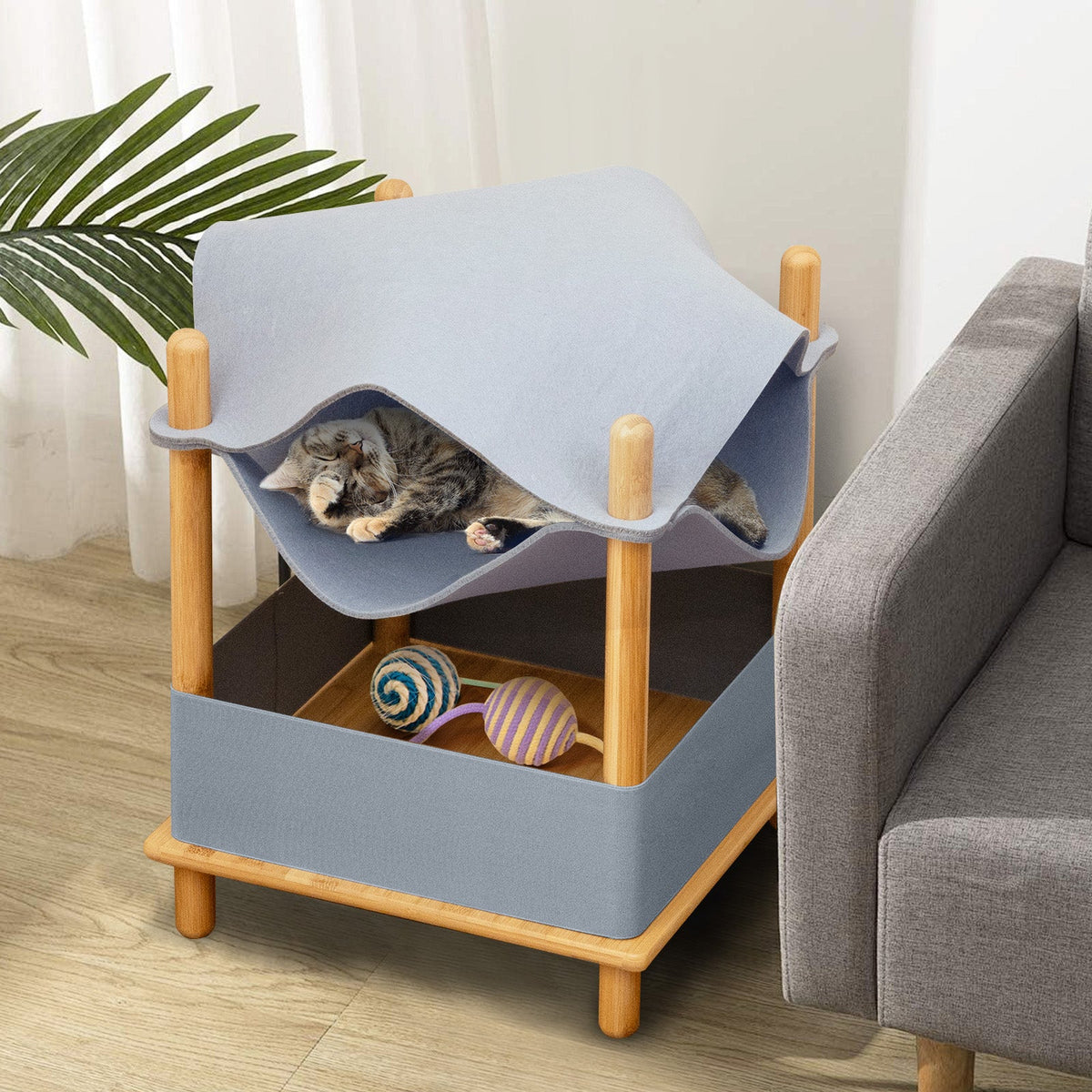 2-Tier Wooden Cat House, Modern Cat Tree w/ Semi-enclosed Condo