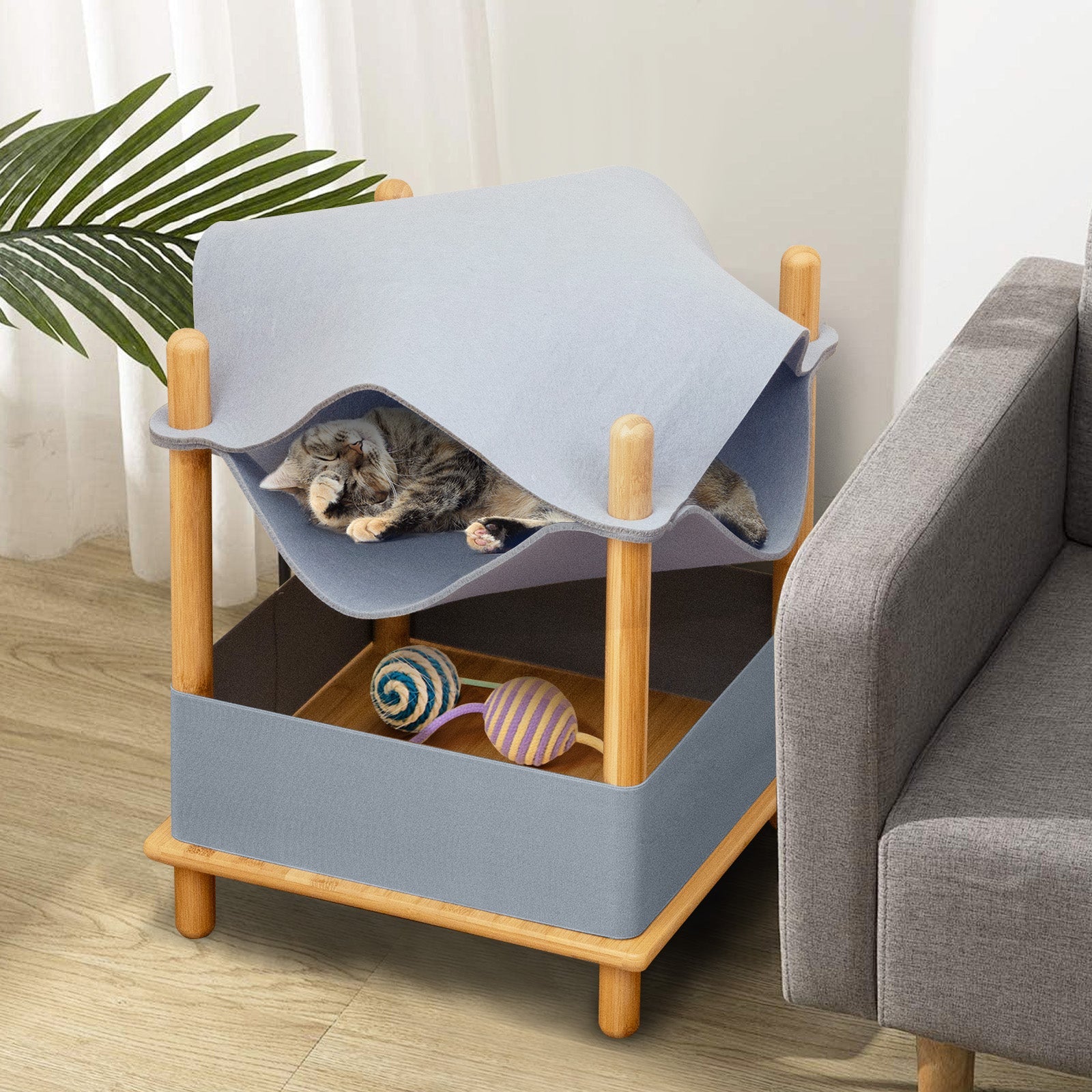 2-Tier Wooden Cat House, Modern Cat Tree w/ Semi-enclosed Condo