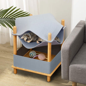 2-Tier Wooden Cat House, Modern Cat Tree w/ Semi-enclosed Condo