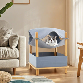 2-Tier Wooden Cat House, Modern Cat Tree w/ Semi-enclosed Condo
