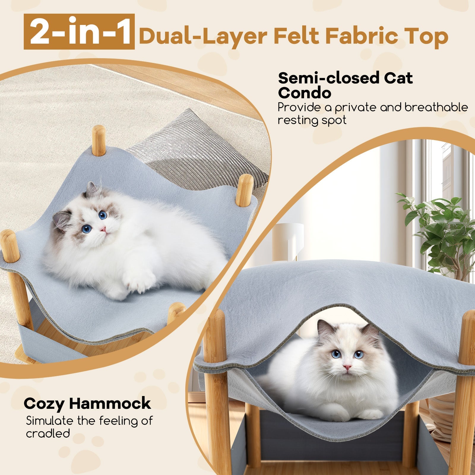 2-Tier Wooden Cat House, Modern Cat Tree w/ Semi-enclosed Condo