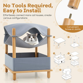 2-Tier Wooden Cat House, Modern Cat Tree w/ Semi-enclosed Condo