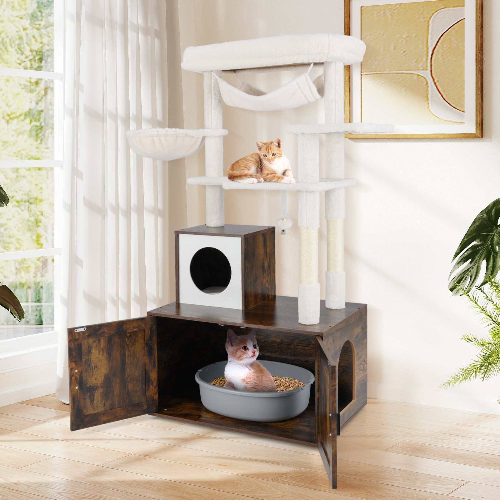 1.5 m Cat Tree with Litter Box Enclosure Hidden Washroom
