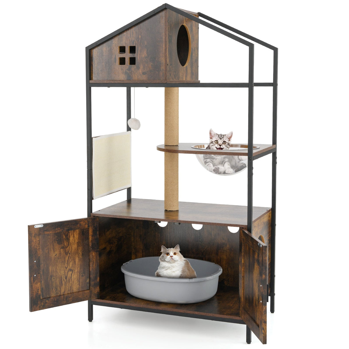 Industrial Cat Tower with Hidden Washroom and Litter Box Enclosure