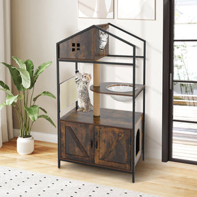 Industrial Cat Tower with Hidden Washroom and Litter Box Enclosure