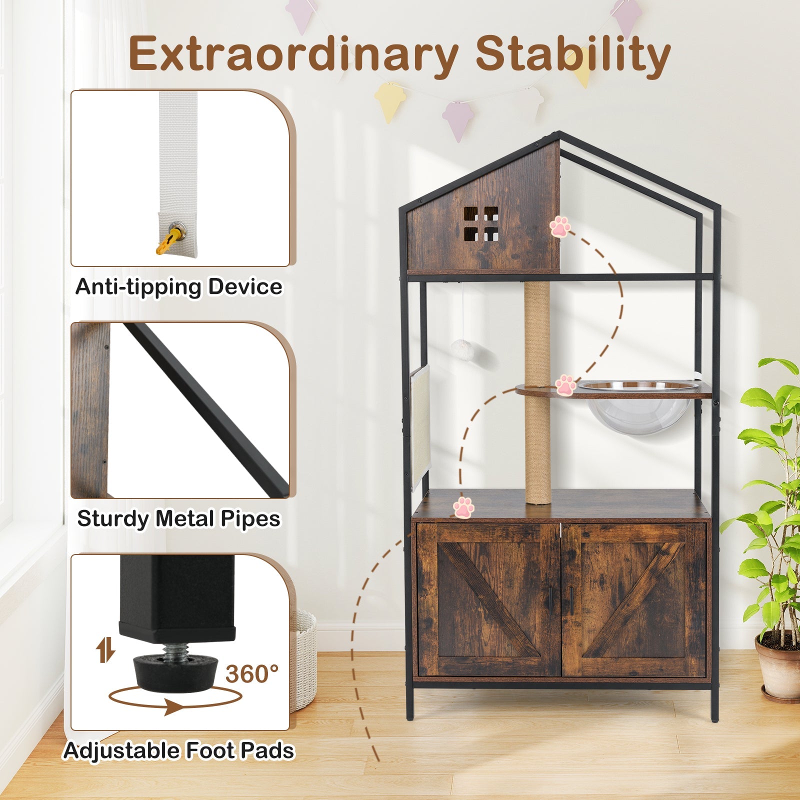 Industrial Cat Tower with Hidden Washroom and Litter Box Enclosure