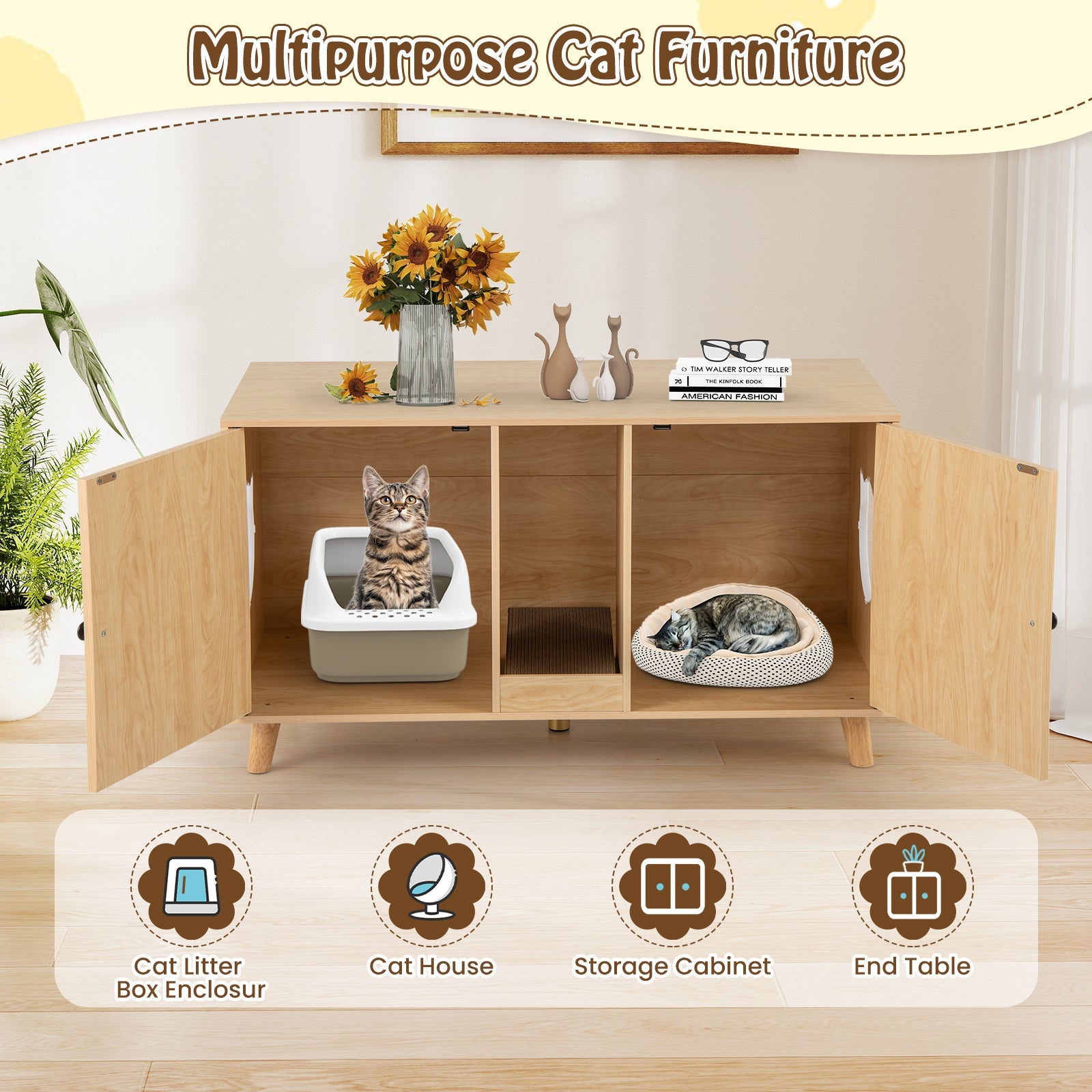 Cat Litter Box Enclosure for 2 Cats with Double Rooms and 2 Sisal Scratching Mats