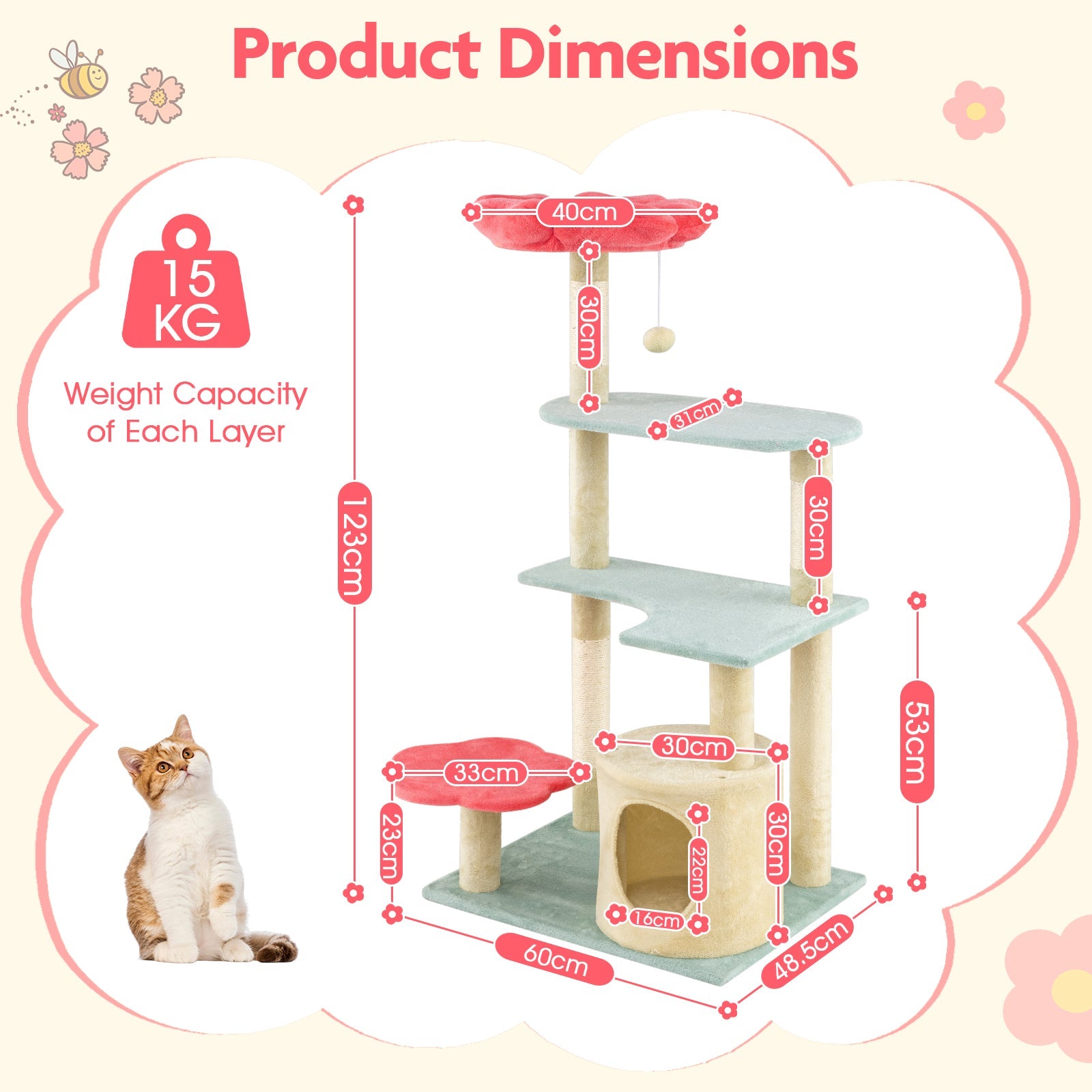 123 cm Tall Cat Tree, Multi-Level Aesthetic Floral Kitten Tower w/Flower-Shaped Plush Padded Perch