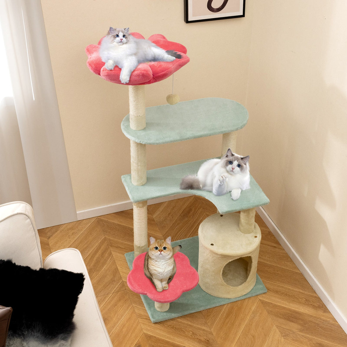 123 cm Tall Cat Tree, Multi-Level Aesthetic Floral Kitten Tower w/Flower-Shaped Plush Padded Perch